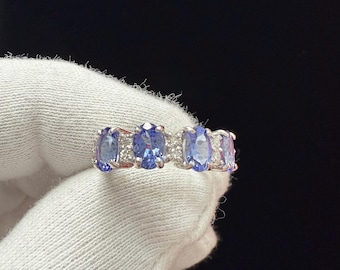 2.65 ct TTW Tanzanite and Diamond Wedding Band, 4 Tanzanite 10 Diamond Anniversary Ring, December Birthstone Stackable Band for Women