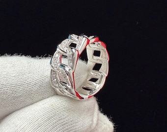 Men's Cuban Link Diamond Wedding Band 0.45 CTW Round Cut Diamonds 14K White Gold Men's Ring Anniversary Gift Statement Band