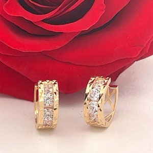14K Gold Huggie Hoop Earrings - Diamond Cut Shiny Hoops - Solid Gold Dainty Huggies - Women&#39;s Gold Earrings - 14K Real Gold Cubic Zerconia
