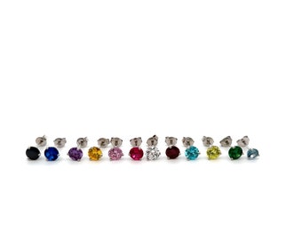Birthstone Stud Earrings in Sterling Silver, Round CZ Stud Earrings for Men & Women, Perfect Birthday Gift For Her