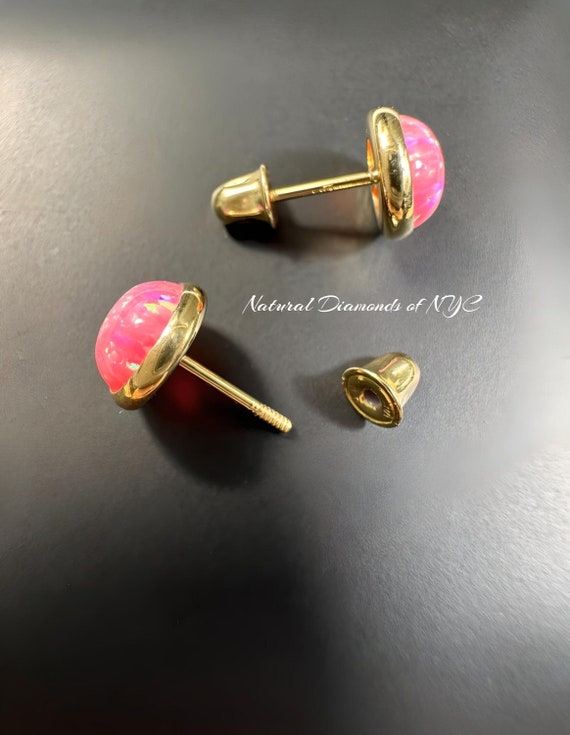 14Kソリッドゴールド ピンクオパール スタッドピアス：ベゼルセット 