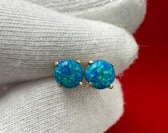 Marine Aqua Opal Stud Earrings in 14K Solid Gold, Prong Set Opal Studs, 14K Solid Gold, Screw Back, Opal Earrings, Dainty Stud Earrings