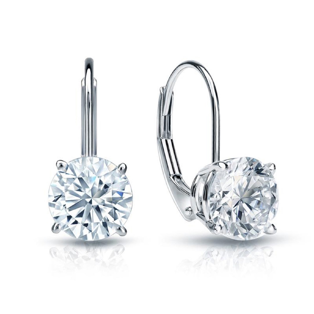 0.50 ct to 5.50 ct Round Cut Moissanite Drop Leverback Earrings in 14K White Gold