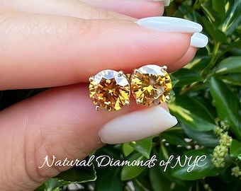 Champagne • Moissanite Stud Earrings • Certified • 14K Gold Solid Round Cut • Green Moissanite Stud • Stud Earrings • Moissanite Earring