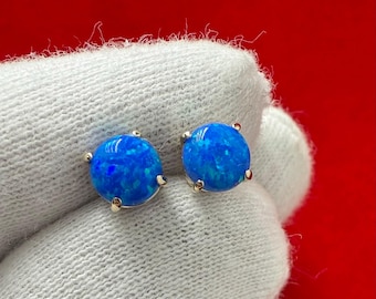 Blue Opal Stud Earrings in 14K Solid Gold, Prong Set Blue Opal Studs, 14K Solid Gold, Screw Back, Opal Earrings, Dainty Stud Earrings