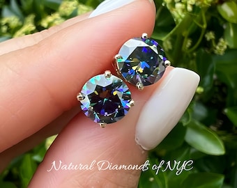 Rainbow Blue Moissanite Stud Earrings Certified 14K Gold Solid • Round Cut • Green Moissanite Stud • Stud Earrings • Moissanite Earring