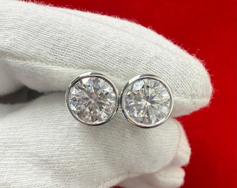 14K Gold Moissanite Stud Earrings: Round Cut, Bezel Setting Earrings Available in Lab Diamonds