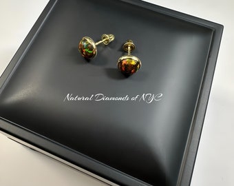 Black Opal Stud Earrings in 14K Solid Gold, Bezel Set Black Opal Studs, 14K Solid Gold, Screw back, Opal Earrings, Dainty Stud Earrings