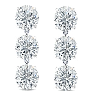 Pendientes colgantes de moissanita de tres piedras, pendientes colgantes de diamantes de talla redonda, oro macizo, regalo de aniversario de bodas
