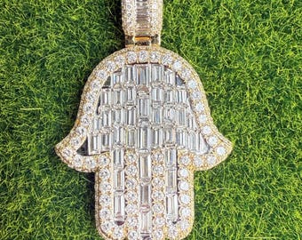 Lab- Created Diamond Hamsa Hand Pendant Necklace, Baguette & Round Cut Diamond Hamsa Charm, Hand of Fatima Pendant, Luxury Gold Jewelry