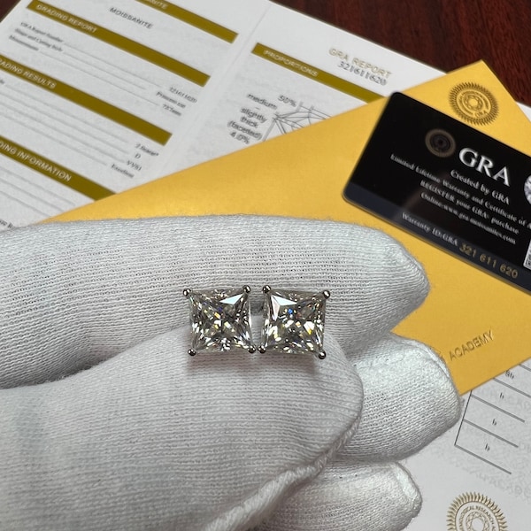GRA Certified 1.60 ct to 4.00 ct Princess Cut Moissanite Stud Earrings in Screw Back