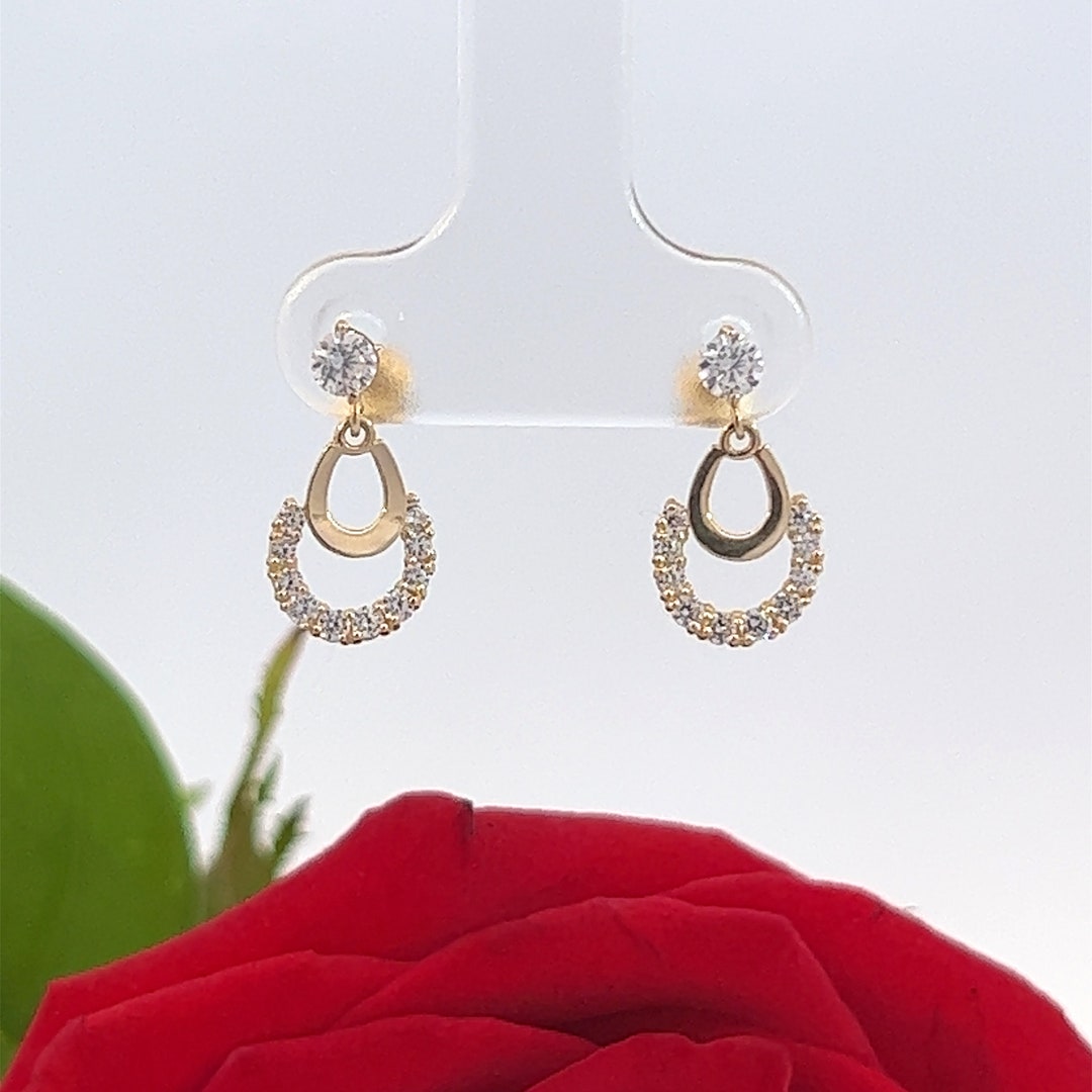 14k Solid Gold Drop Hoop Earrings With Cubic Zirconia - Etsy