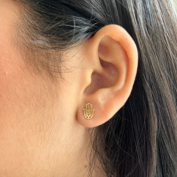 Tiny Hamsa Hand of Fatıma Shaped Stud Earrings, 14K Solid Gold Earrings,