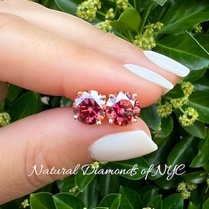 Watermelon Red Moissanite Stud Earrings  Certified 14K Gold Solid Round Cut • Green Moissanite Stud • Stud Earrings • Moissanite Earring