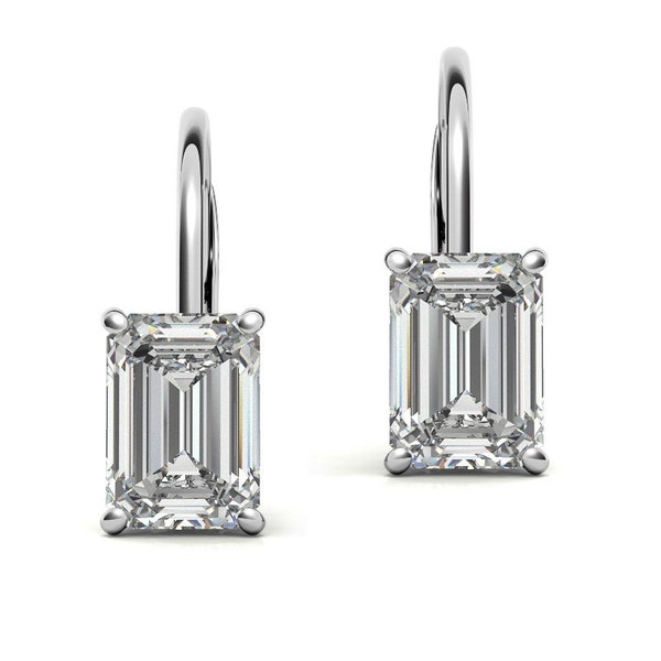 GRA Certified 1.60 ct to 6.00 ct Emerald Cut Moissanite Drop Leverback Earrings in 14K White Gold