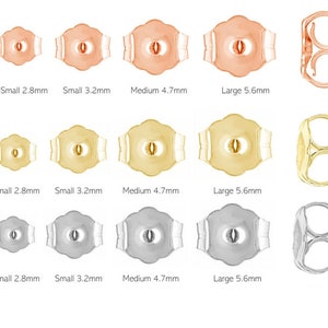 Puede incluir: Tres juegos de respaldos para pendientes en diferentes tamaños: extra pequeño (2,8 mm), pequeño (3,2 mm), mediano (4,7 mm) y grande (5,6 mm). Los respaldos para pendientes se muestran en oro rosa, oro amarillo y plata.