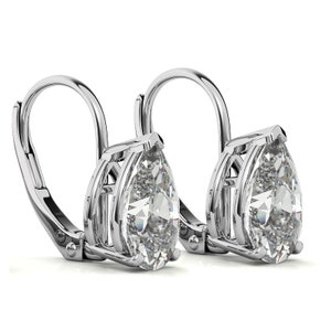 Certified 1.00 ct to 12.00 ct Pear Shape Moissanite Drop Leverback Earrings in 14K White Gold