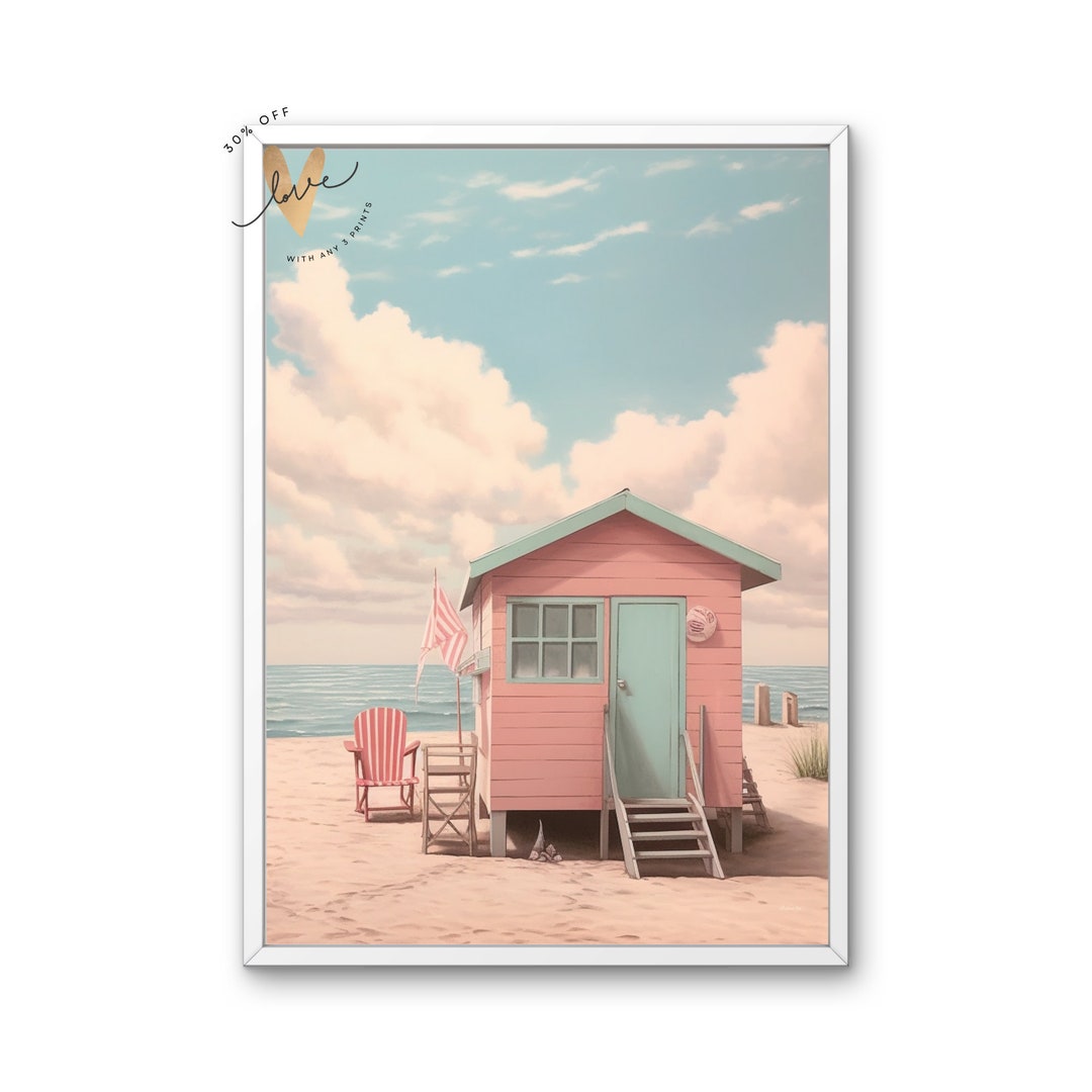 Retro Beach Hut Wall Art Pink Pastel Ocean Print Blush Etsy UK