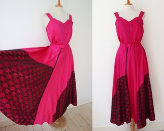 Pink 80s 2 Piece Set // Maxi Circle Skirt With Black Lace & Top // Ulla Helene // Made In Denmark