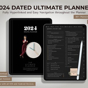 以下が含まれることがあります： 2024 年のデザインが施された黒いデジタルプランナー。プランナーは、2024 年 1 月 1 日月曜日のページを開いています。プランナーは、白いスタイラスが隣にあるタブレットの上にあります。画像の上部には「2024 DATED ULTIMATE PLANNER」というテキストがあります。タイトルの下には「Fully Hyperlinked and Easy Navigation throughout the Planner」というテキストがあります。画像の右上隅には「80+ Planners Templates」というテキストがあります。「80+ Planners Templates」テキストの下には「594 Pages」というテキストがあります。画像の左下隅には「Instant Download」というテキストがあります。「Instant Download」テキストの下には「Sunday Start Version」というテキストがあります。「Sunday Start Version」テキストの下には「Compatible with all IOS and Android Devices」というテキストがあります。
