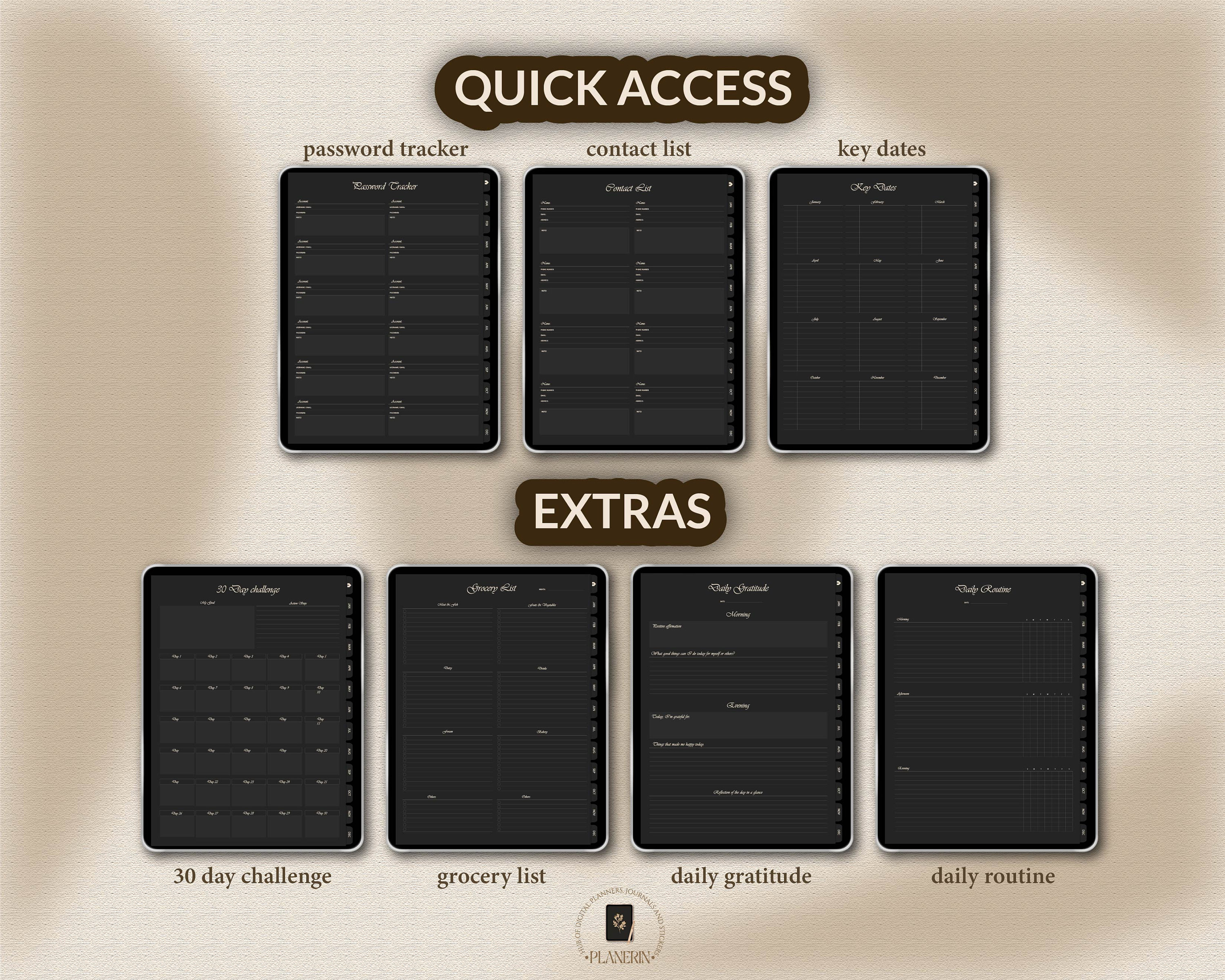 Undated Dark Mode Digital Planner, Undated Digital Planner and Stickers ...