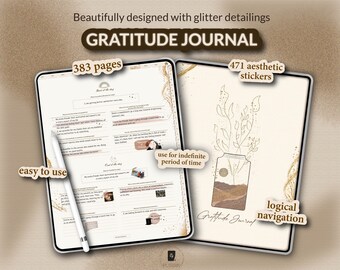 Puede incluir: Un planificador digital con un diseño de purpurina dorada y el texto "Gratitude Journal" en la portada. El planificador tiene 383 páginas y 471 pegatinas estéticas. El planificador es fácil de usar y tiene una navegación lógica.