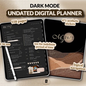 Undated Dark Mode Digital Planner, Undated Digital Planner And Stickers, Undated Portrait Digital Planner, Undated GoodNotes Planner