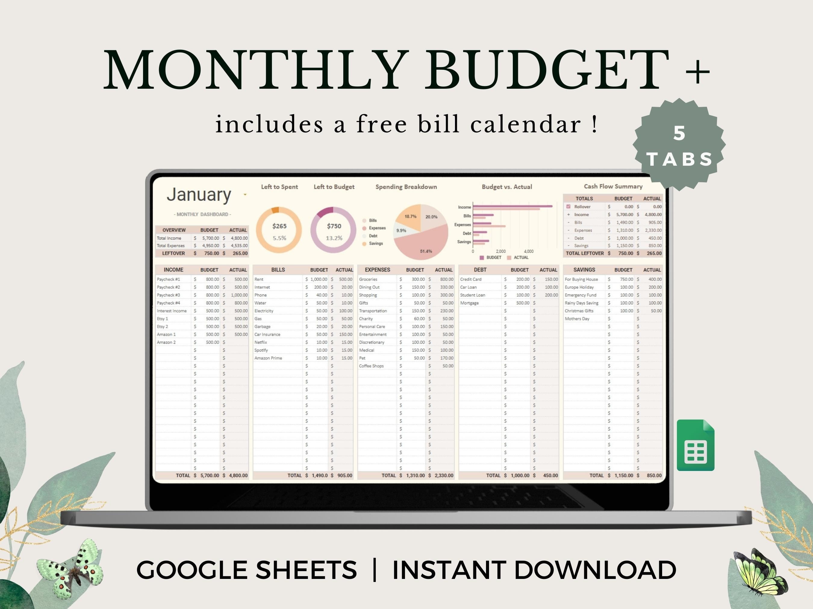 Monthly Budget Spreadsheet, Google Sheets Budget Template, Personal ...