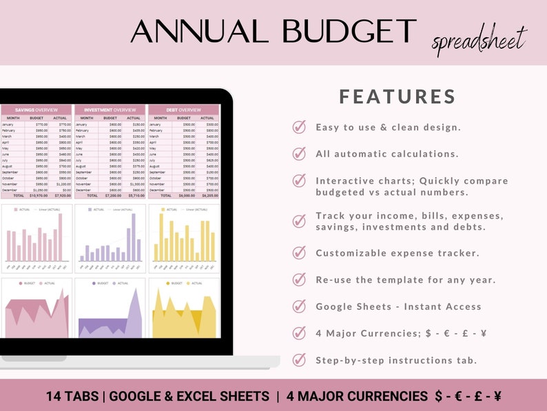 Annual Budget Spreadsheet: Google Sheets & Excel Template - Etsy