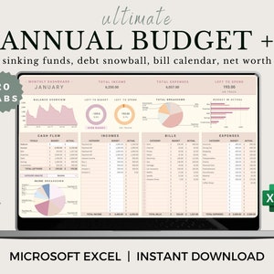 Planilla de Presupuesto Anual. Plantilla de presupuesto en Excel. Planificador de presupuesto mensual. Panel de finanzas personales. Presupuesto fácil en Excel. Registro de cuenta