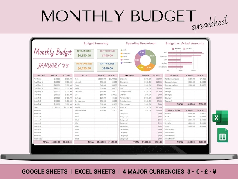 Monthly Budget Spreadsheet, Google Sheets Budget Template, Personal