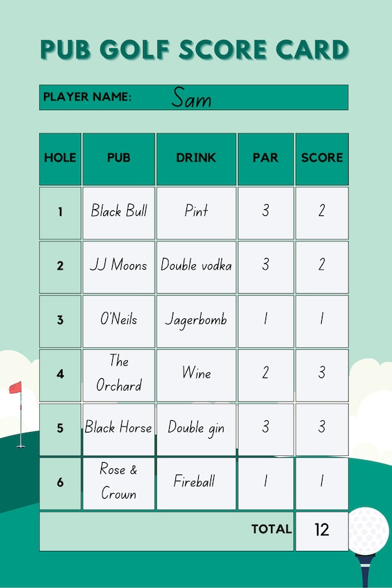 Pub Golf/bar Golf Score Card/template (instant Download) Printable