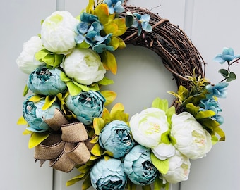 White and Blue Peony  Wreath | All year round | Front Door, Nurseries, Farmhouse Decor, House Warming Gift