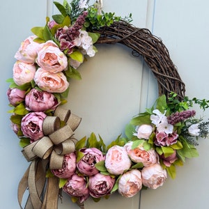 Pink & Mauve Peony Wreath | Farmhouse Grapevine Wreath