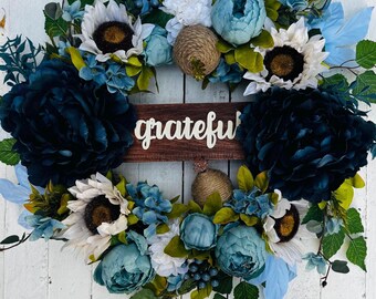 Sunflower Peony  Pumpkin Fall Wreath: Autumn Front Door Decor 18”