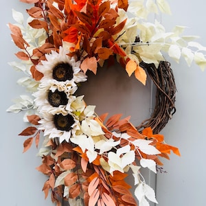 Fall Wreath  for Front Door ,Thanksgiving Wreath , Autumn wreath, White sunflower Wreath , Front door Decor, Sunflower Fall Wreath