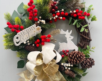 Couronne de Noël | Couronne des Fêtes| Couronne de ferme | Couronne de porte d'hiver | Couronne d'eucalyptus | Couronne de verdure | Décoration de porte d'hiver