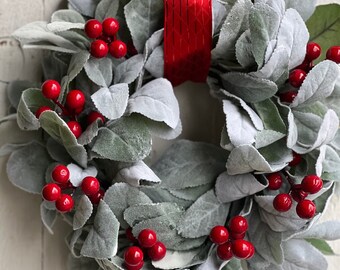 Flocked Mini Lambs Ear Wreath | Christmas Candle Ring, Winter Farmhouse Decor