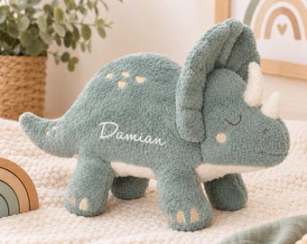 May include: A sage green plush triceratops dinosaur toy with a textured, fuzzy exterior. The dinosaur features cream-colored horns, embroidered closed eyes, and the name Damian stitched in white cursive thread on its side.