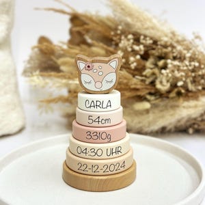 Torre de empilhamento personalizada, torre de empilhamento rosa, presentes para bebês, presente de nascimento, batizado de menina, jogo de empilhamento, anéis de empilhamento, torre de empilhamento para bebês