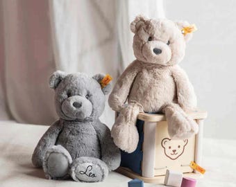 May include: Two plush teddy bears, one gray and one tan, sit near a wooden toy box. The gray bear has the name "Leo" embroidered on its foot. The tan bear sits on a wooden box with a bear graphic. Small colored blocks are scattered nearby.
