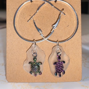 Lake Erie Beach Glass Earrings with Sea Turtle Pendant - 35mm hoop Silver Plated Nickel Free
