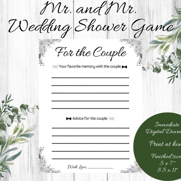Gay Wedding Shower Game, For the Couple, Advice for the Couple, Favorite Memory, Wedding Shower Game, Gay Wedding, His and His game