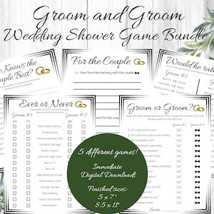 Op de afbeelding: Een set afdrukbare bruiloftsshower-spellen voor een bruidspaar. De spellen omvatten "Wie kent het stel het beste?", "Ooit of nooit", "Voor het stel", "Bruidegom of bruidegom?" en "Wat zou je liever...?" De spellen zijn ontworpen in zwart en wit met gouden accenten.