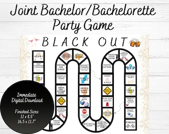May include: Black and white game board with a black outline and gold glitter accents. The game board is shaped like a "U" and has various squares with different drinking game challenges. The game board is titled "Black Out" and is for a joint bachelor/bachelorette party.