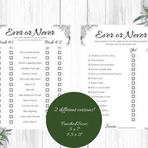 May include: Black and white printable game cards with the title "Ever or Never" and a list of questions for a bridal shower game. The cards are decorated with floral designs.