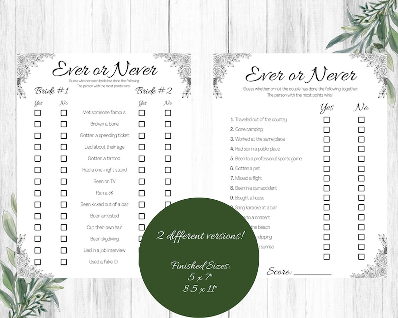 May include: Black and white printable game cards with the title "Ever or Never" and a list of questions for a bridal shower game. The cards are decorated with floral designs.