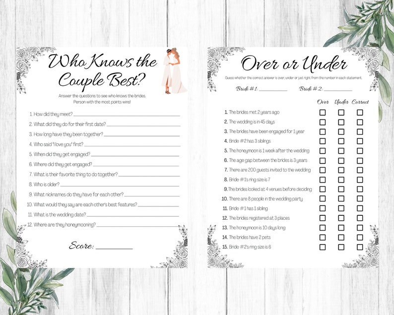 May include: A printable bridal shower game with two sections: "Who Knows the Couple Best?" and "Over or Under". The first section has 12 questions about the couple. The second section has 15 statements about the couple, with boxes to check "over", "under", or "correct".