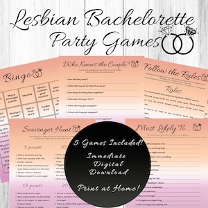 Lesbische vrijgezellenfeestspellen, LGBTQ-vrijgezellenfeest, bruiloft van twee bruiden, afdrukbare spellen, wie kent het paar, speurtocht