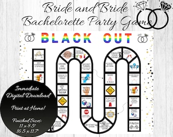 Könnte beinhalten: Blackout-Bachelorette-Party-Spielbrett mit einem Regenbogenbogen und schwarzen und goldenen Sternen. Das Spielbrett ist hufeisenförmig und hat Felder, auf denen sich die Spieler bewegen können. Die Felder enthalten Anweisungen wie "Nimm einen Schuss", "Trinken oder Wagen", "Trink deinen Drink aus" und "Wähle einen Trinkkumpel".